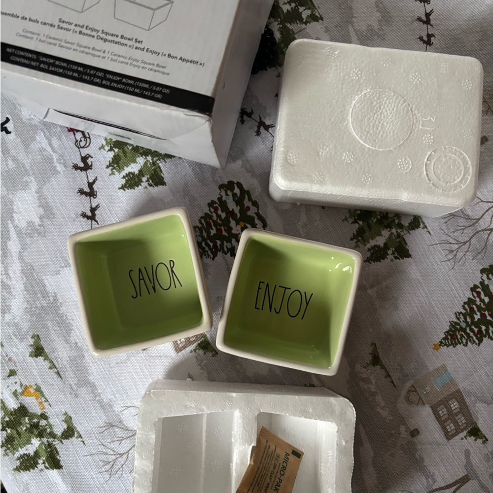 RAE DUNN - NEW Green Ceramic Savor and Enjoy Bowls